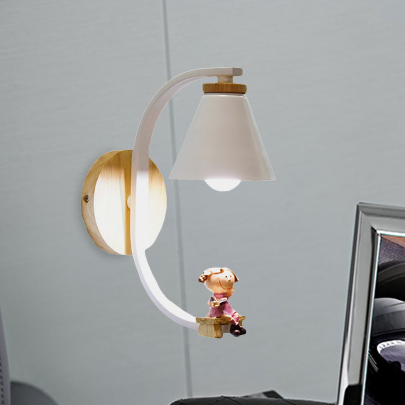 Tapered Iron Wall Mount Lamp Cartoon 1 Light Pink/Blue and Wood Sconce Light with Moon/Portrait Decor Pink Portrait Clearhalo 'Wall Lamps & Sconces' 'Wall Lights' Lighting' 1473289