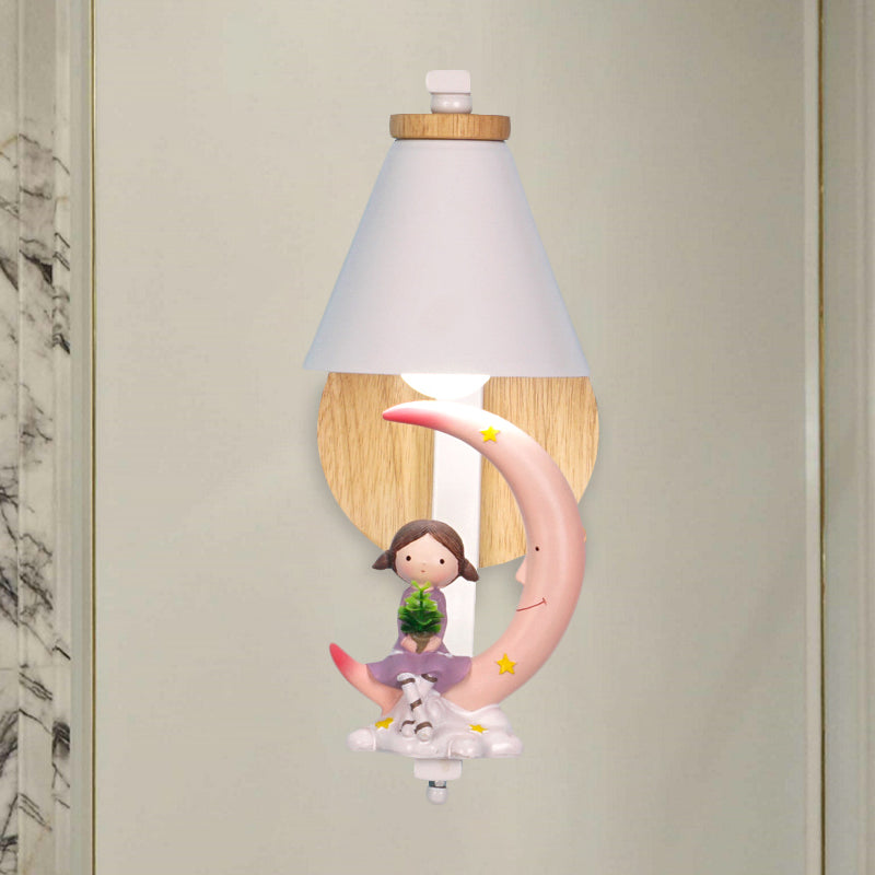 Tapered Iron Wall Mount Lamp Cartoon 1 Light Pink/Blue and Wood Sconce Light with Moon/Portrait Decor Clearhalo 'Wall Lamps & Sconces' 'Wall Lights' Lighting' 1473293