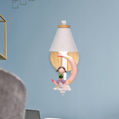 Tapered Iron Wall Mount Lamp Cartoon 1 Light Pink/Blue and Wood Sconce Light with Moon/Portrait Decor Pink Moon Clearhalo 'Wall Lamps & Sconces' 'Wall Lights' Lighting' 1473294