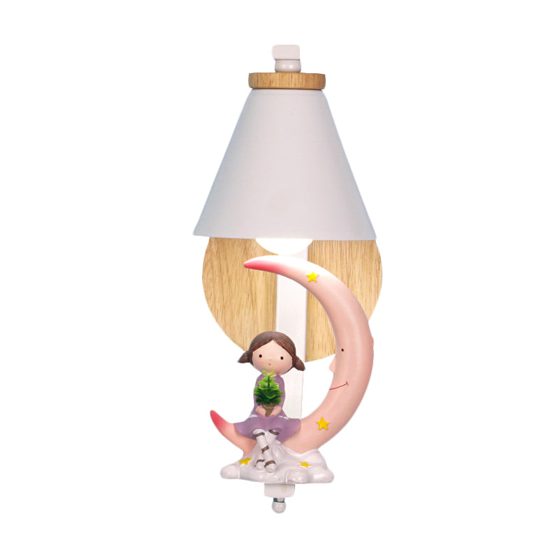 Tapered Iron Wall Mount Lamp Cartoon 1 Light Pink/Blue and Wood Sconce Light with Moon/Portrait Decor Clearhalo 'Wall Lamps & Sconces' 'Wall Lights' Lighting' 1473296