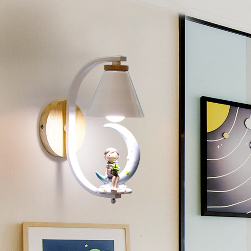Tapered Iron Wall Mount Lamp Cartoon 1 Light Pink/Blue and Wood Sconce Light with Moon/Portrait Decor Blue Moon Clearhalo 'Wall Lamps & Sconces' 'Wall Lights' Lighting' 1473303