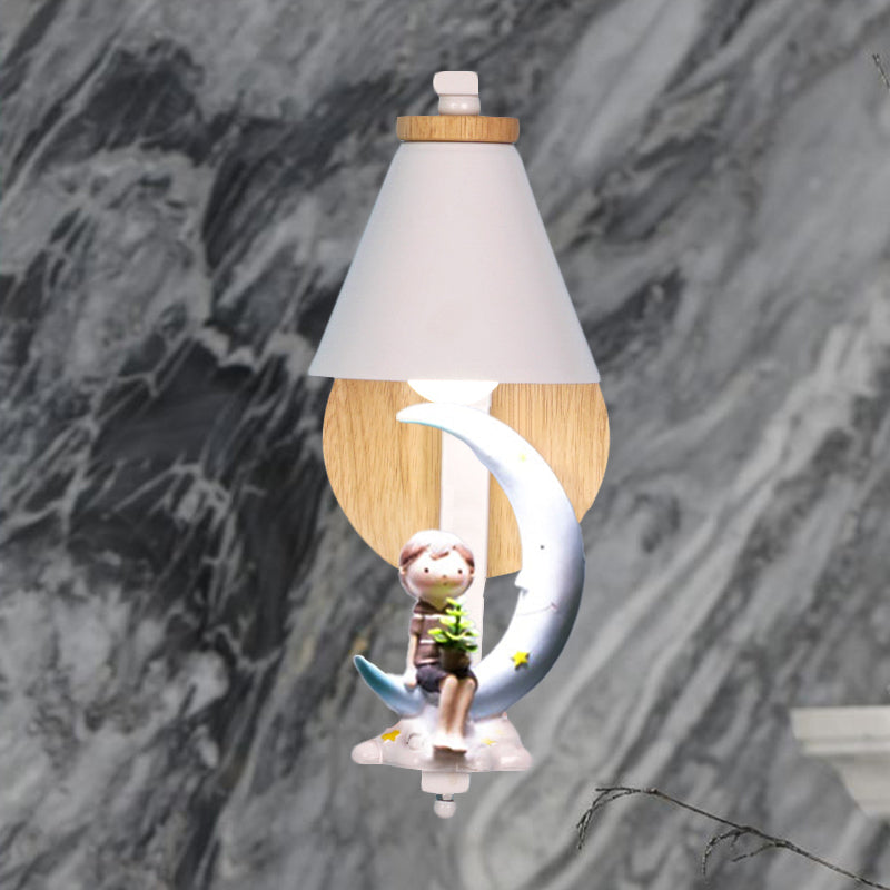 Tapered Iron Wall Mount Lamp Cartoon 1 Light Pink/Blue and Wood Sconce Light with Moon/Portrait Decor Clearhalo 'Wall Lamps & Sconces' 'Wall Lights' Lighting' 1473304