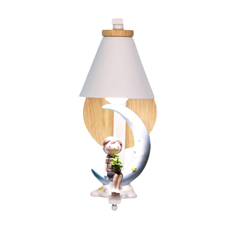 Tapered Iron Wall Mount Lamp Cartoon 1 Light Pink/Blue and Wood Sconce Light with Moon/Portrait Decor Clearhalo 'Wall Lamps & Sconces' 'Wall Lights' Lighting' 1473305