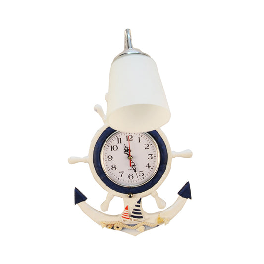 Kids 1 Bulb Sconce Lighting Wood White-Blue Flexible Gooseneck Wall Light with Glass Shade and Clock-Rudder Decoration Clearhalo 'Wall Lamps & Sconces' 'Wall Lights' Lighting' 1473322