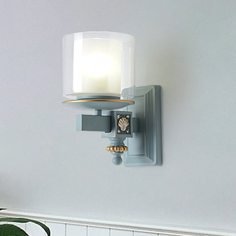 Kids 2 Shades Cup Wall Lamp Kit Clear and Frosted Glass 1 Head Child Room Sconce Fixture with Sky/Water Blue Arm Clearhalo 'Wall Lamps & Sconces' 'Wall Lights' Lighting' 1473329