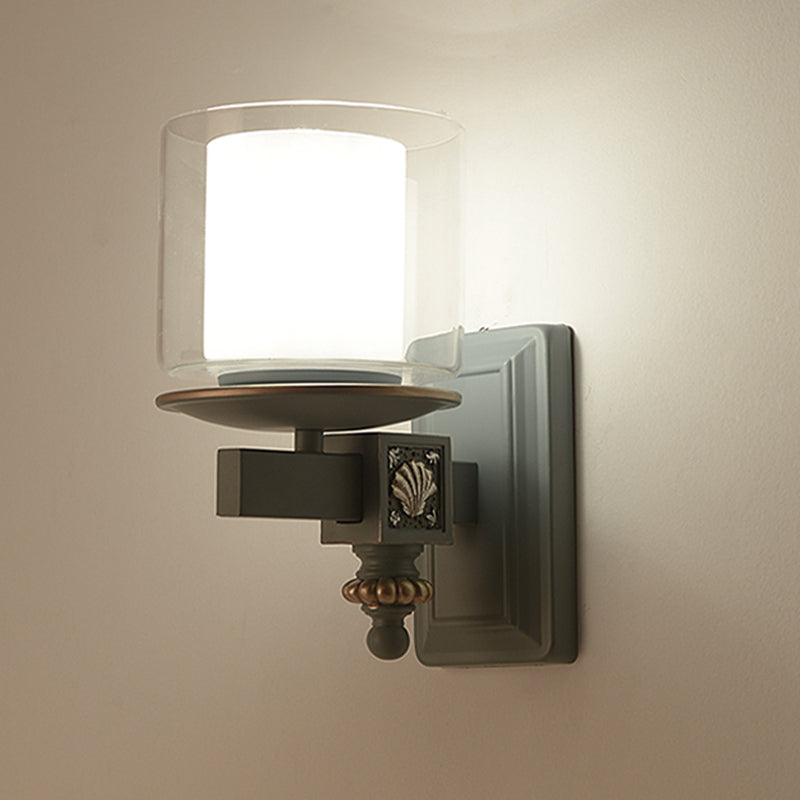 Kids 2 Shades Cup Wall Lamp Kit Clear and Frosted Glass 1 Head Child Room Sconce Fixture with Sky/Water Blue Arm Water Blue Clearhalo 'Wall Lamps & Sconces' 'Wall Lights' Lighting' 1473330