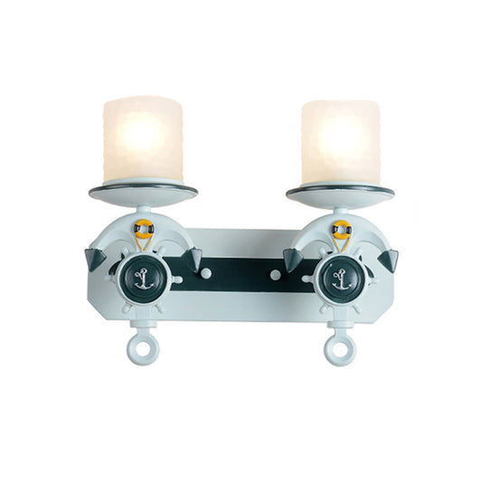 Opal Glass Cylinder Sconce Fixture Kids 1/2-Bulb Water Blue Wall Mounted Lamp with Anchor Shaped Arm Clearhalo 'Wall Lamps & Sconces' 'Wall Lights' Lighting' 1473336