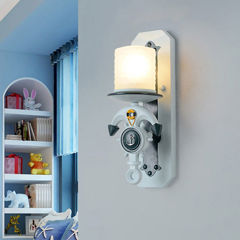 Opal Glass Cylinder Sconce Fixture Kids 1/2-Bulb Water Blue Wall Mounted Lamp with Anchor Shaped Arm 1.0 Water Blue Clearhalo 'Wall Lamps & Sconces' 'Wall Lights' Lighting' 1473340