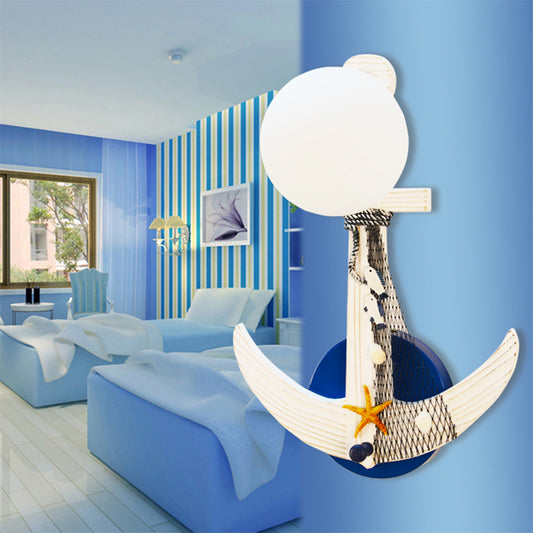 Anchor Sconce Light Fixture Kids Wood Single White-Blue Wall Lighting with Globule Glass Shade and Beach Detail Clearhalo 'Wall Lamps & Sconces' 'Wall Lights' Lighting' 1473359