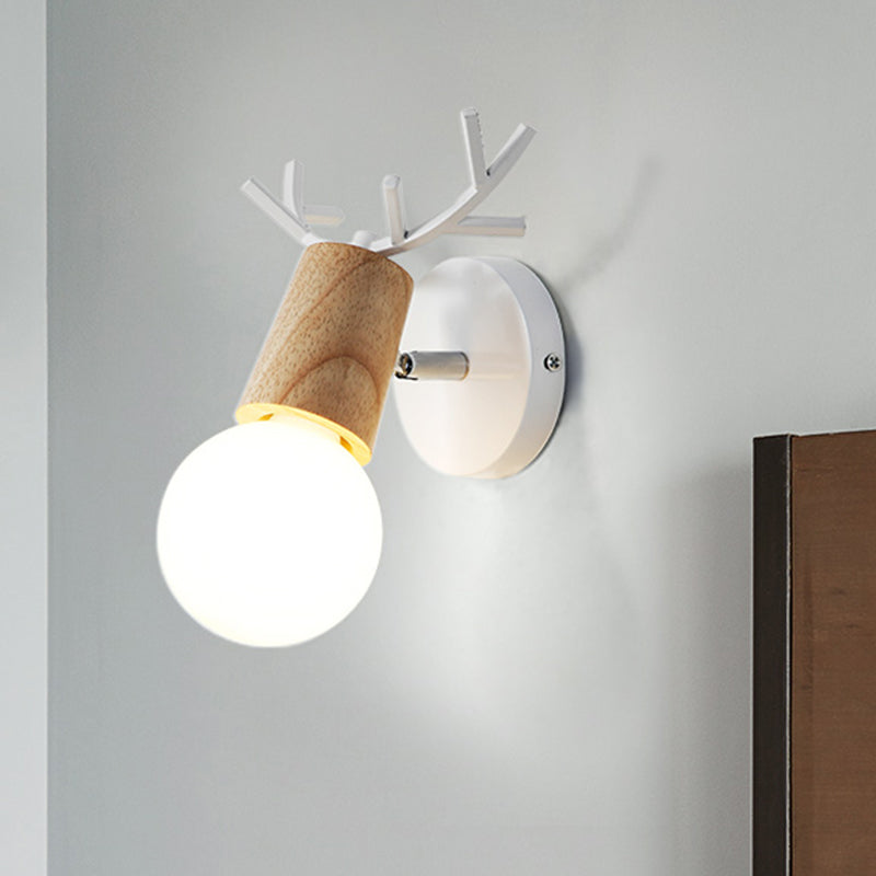 Nordic Shadeless Rotatable Wall Lamp Wood 1 Head Bedroom Sconce Lighting in Black/White with Antler Top White Clearhalo 'Wall Lamps & Sconces' 'Wall Lights' Lighting' 1473363