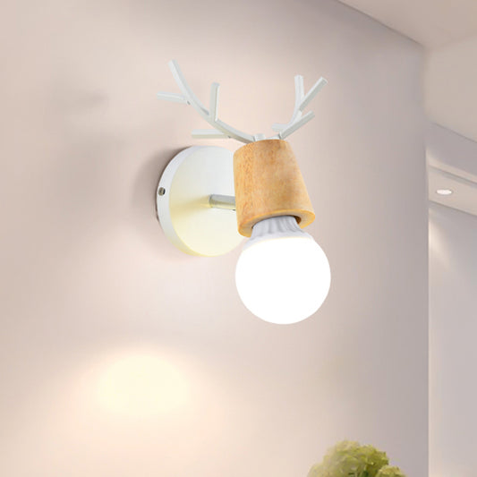 Nordic Shadeless Rotatable Wall Lamp Wood 1 Head Bedroom Sconce Lighting in Black/White with Antler Top Clearhalo 'Wall Lamps & Sconces' 'Wall Lights' Lighting' 1473364