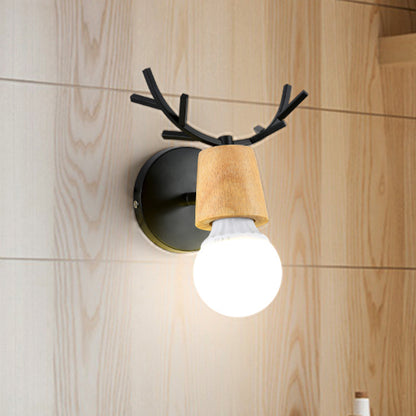 Nordic Shadeless Rotatable Wall Lamp Wood 1 Head Bedroom Sconce Lighting in Black/White with Antler Top Black Clearhalo 'Wall Lamps & Sconces' 'Wall Lights' Lighting' 1473368