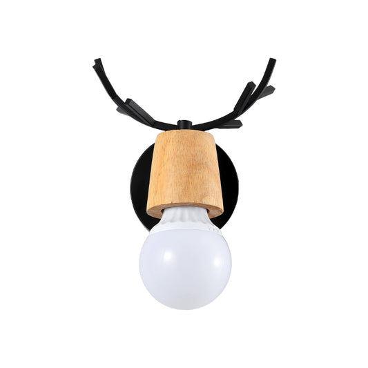 Nordic Shadeless Rotatable Wall Lamp Wood 1 Head Bedroom Sconce Lighting in Black/White with Antler Top Clearhalo 'Wall Lamps & Sconces' 'Wall Lights' Lighting' 1473370