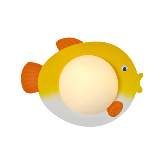Frosted White Glass Mini Sphere Sconce Kids Blue/Yellow LED Wall Light Fixture with Fish Backplate, Warm/White Light Clearhalo 'Wall Lamps & Sconces' 'Wall Lights' Lighting' 1473387