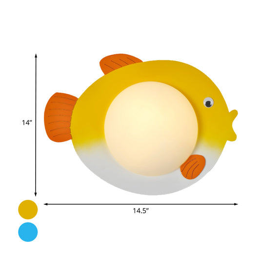 Frosted White Glass Mini Sphere Sconce Kids Blue/Yellow LED Wall Light Fixture with Fish Backplate, Warm/White Light Clearhalo 'Wall Lamps & Sconces' 'Wall Lights' Lighting' 1473388