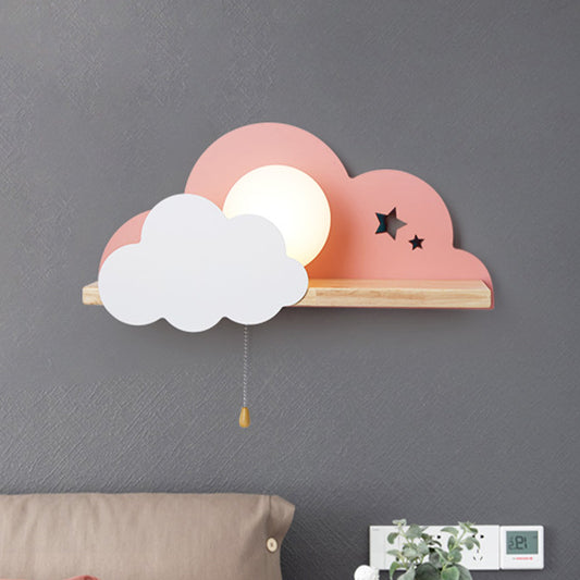 Globule Pull-Chain Wall Light Macaron Opal Frosted Glass Single Pink/Grey/White Sconce Ideas with Cloud Design and Wood Shelf Clearhalo 'Wall Lamps & Sconces' 'Wall Lights' Lighting' 1473393