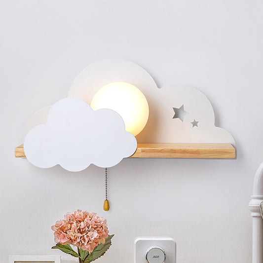 Globule Pull-Chain Wall Light Macaron Opal Frosted Glass Single Pink/Grey/White Sconce Ideas with Cloud Design and Wood Shelf Clearhalo 'Wall Lamps & Sconces' 'Wall Lights' Lighting' 1473402