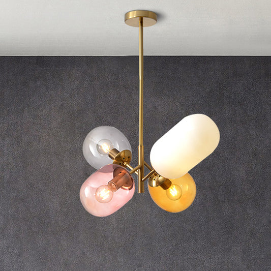 Gold Elliptical Hanging Chandelier Simple 4 Bulbs Multicolored Glass Pendant Lamp for Dining Room Clearhalo 'Ceiling Lights' 'Chandeliers' 'Glass shade' 'Glass' 'Pendant Lights' Lighting' 1473413