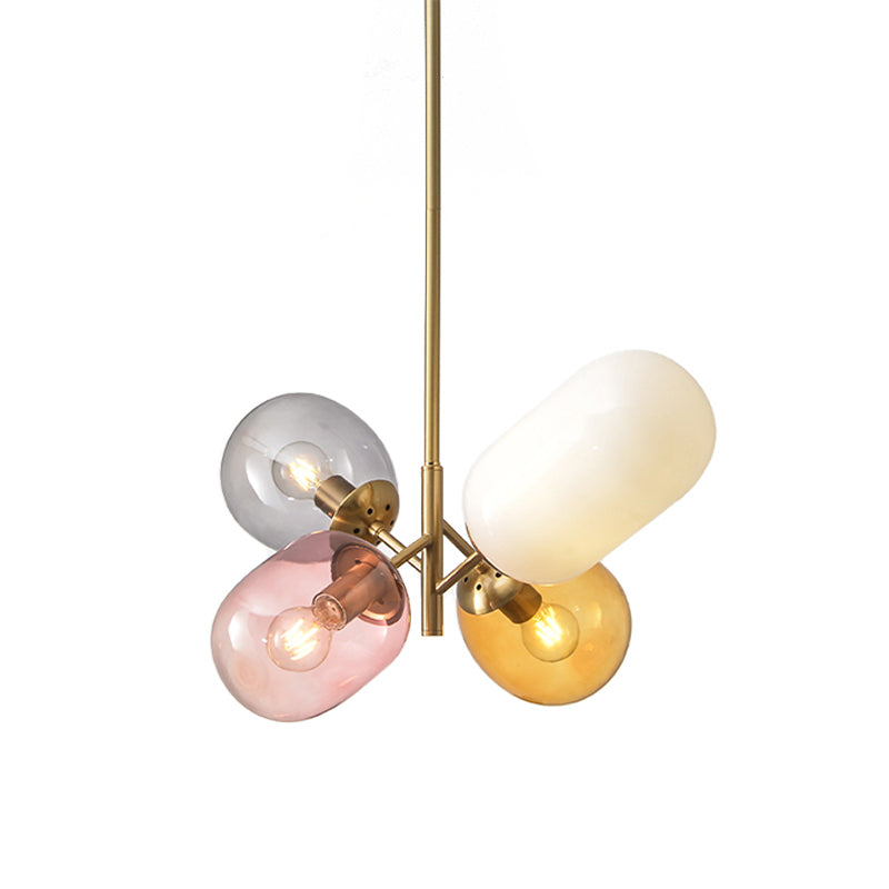 Gold Elliptical Hanging Chandelier Simple 4 Bulbs Multicolored Glass Pendant Lamp for Dining Room Clearhalo 'Ceiling Lights' 'Chandeliers' 'Glass shade' 'Glass' 'Pendant Lights' Lighting' 1473415