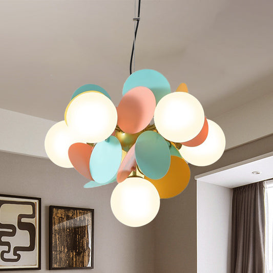 Modern Orb Ceiling Chandelier Cream Glass 6 Heads Bedroom Hanging Light Fixture in Green-Yellow-Pink Green-Yellow-Pink Clearhalo 'Ceiling Lights' 'Chandeliers' 'Close To Ceiling Lights' 'Glass shade' 'Glass' Lighting' 1473417
