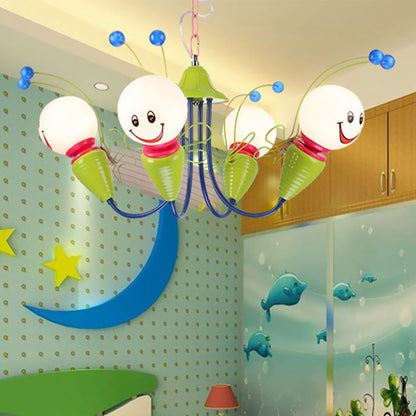Metal Cartoon Bee Chandelier Light Kids 4/6 Heads Green Ceiling Suspension Lamp for Bedroom 4 Green Clearhalo 'Ceiling Lights' 'Chandeliers' Lighting' options 1473439_01f48954-042c-42a9-8e27-f0a671ef87c4