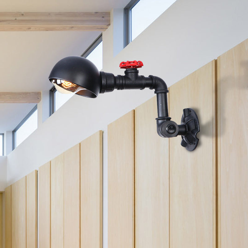 Vintage Style Pipe Wall Light Sconce with Dome Shade and Valve Wheel 1 Light Metallic Wall Fixture Light in Black Black B Clearhalo 'Art deco wall lights' 'Cast Iron' 'Glass' 'Industrial wall lights' 'Industrial' 'Middle century wall lights' 'Modern' 'Rustic wall lights' 'Tiffany' 'Traditional wall lights' 'Wall Lamps & Sconces' 'Wall Lights' Lighting' 147344