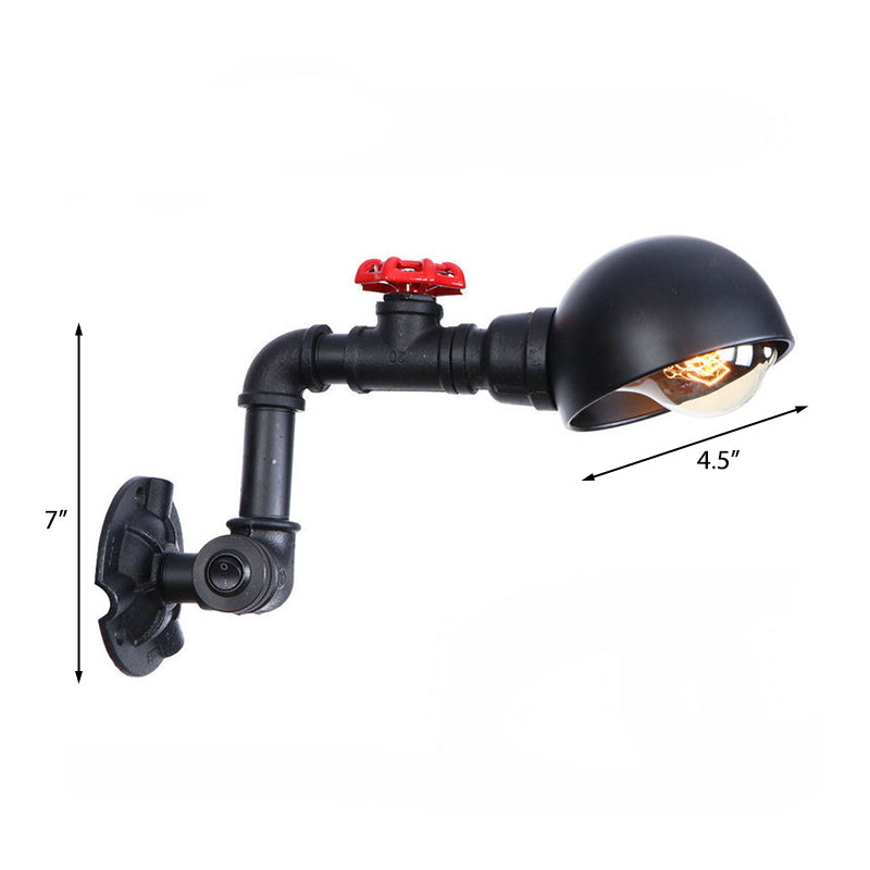 Vintage Style Pipe Wall Light Sconce with Dome Shade and Valve Wheel 1 Light Metallic Wall Fixture Light in Black Clearhalo 'Art deco wall lights' 'Cast Iron' 'Glass' 'Industrial wall lights' 'Industrial' 'Middle century wall lights' 'Modern' 'Rustic wall lights' 'Tiffany' 'Traditional wall lights' 'Wall Lamps & Sconces' 'Wall Lights' Lighting' 147346