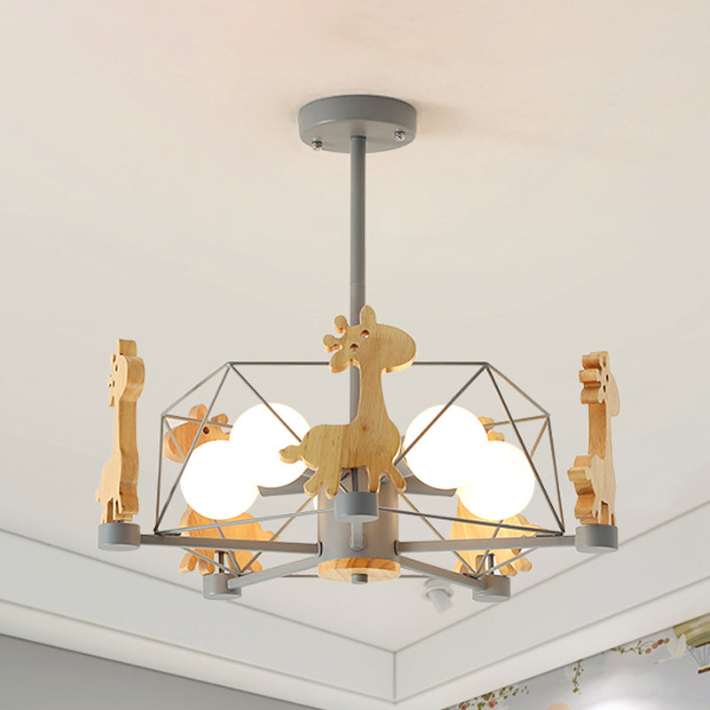 Wooden Giraffe Ceiling Fixture Kids 5 Lights Grey/Pink/Green Semi Flush Mount Light with Star Iron Frame Clearhalo 'Ceiling Lights' 'Close To Ceiling Lights' 'Close to ceiling' 'Semi-flushmount' Lighting' 1473487