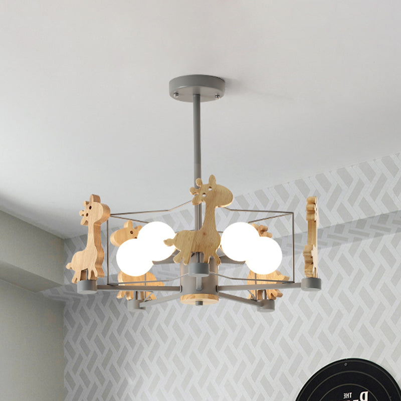 Wooden Giraffe Ceiling Fixture Kids 5 Lights Grey/Pink/Green Semi Flush Mount Light with Star Iron Frame Grey Clearhalo 'Ceiling Lights' 'Close To Ceiling Lights' 'Close to ceiling' 'Semi-flushmount' Lighting' 1473489