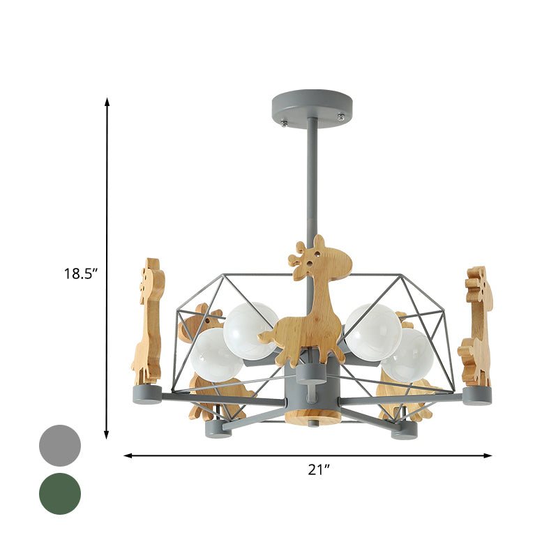 Wooden Giraffe Ceiling Fixture Kids 5 Lights Grey/Pink/Green Semi Flush Mount Light with Star Iron Frame Clearhalo 'Ceiling Lights' 'Close To Ceiling Lights' 'Close to ceiling' 'Semi-flushmount' Lighting' 1473491
