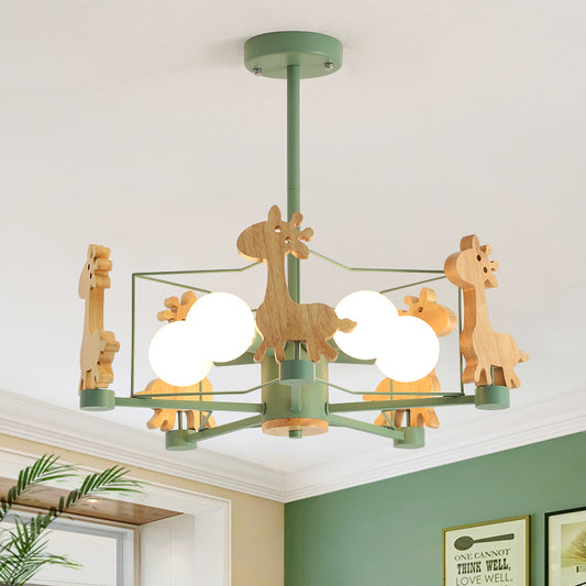 Wooden Giraffe Ceiling Fixture Kids 5 Lights Grey/Pink/Green Semi Flush Mount Light with Star Iron Frame Clearhalo 'Ceiling Lights' 'Close To Ceiling Lights' 'Close to ceiling' 'Semi-flushmount' Lighting' 1473492
