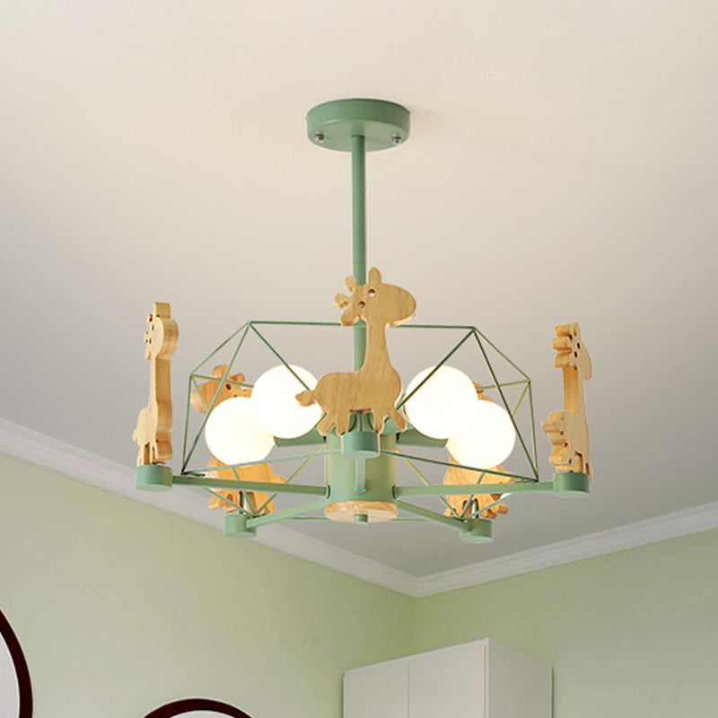 Wooden Giraffe Ceiling Fixture Kids 5 Lights Grey/Pink/Green Semi Flush Mount Light with Star Iron Frame Clearhalo 'Ceiling Lights' 'Close To Ceiling Lights' 'Close to ceiling' 'Semi-flushmount' Lighting' 1473493
