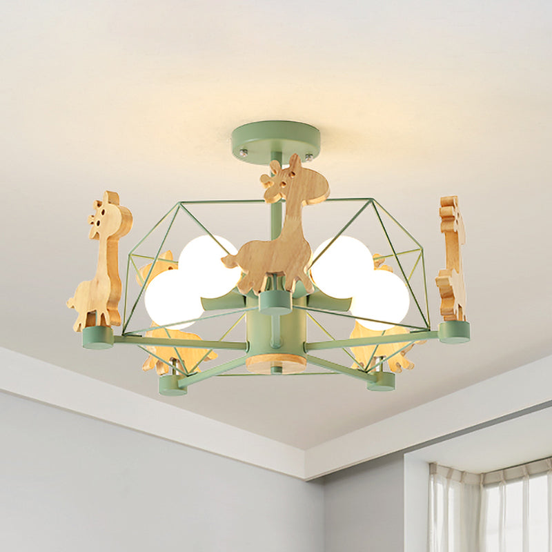Wooden Giraffe Ceiling Fixture Kids 5 Lights Grey/Pink/Green Semi Flush Mount Light with Star Iron Frame Green Clearhalo 'Ceiling Lights' 'Close To Ceiling Lights' 'Close to ceiling' 'Semi-flushmount' Lighting' 1473494