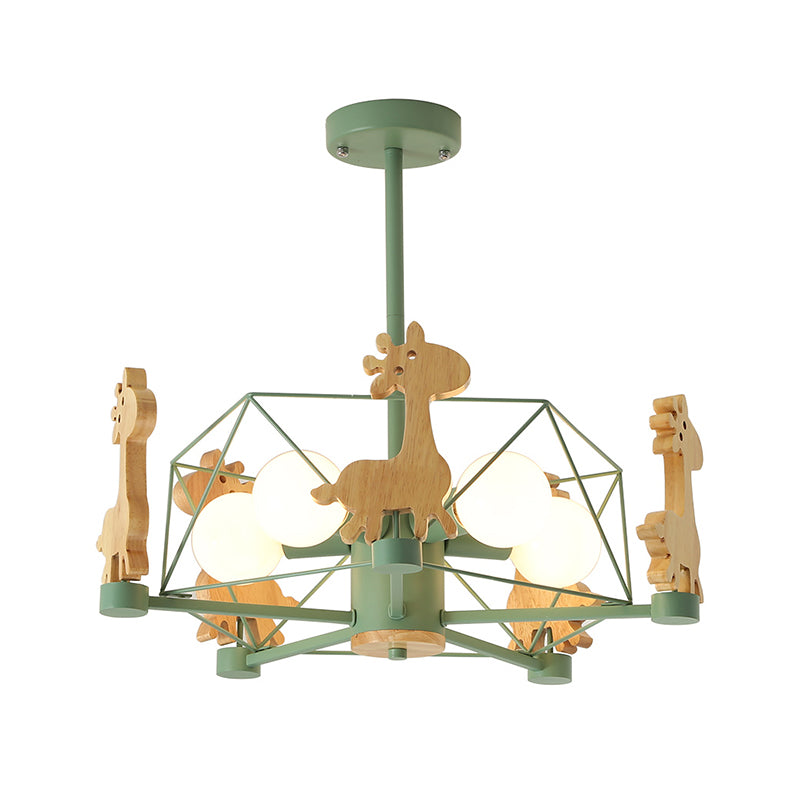 Wooden Giraffe Ceiling Fixture Kids 5 Lights Grey/Pink/Green Semi Flush Mount Light with Star Iron Frame Clearhalo 'Ceiling Lights' 'Close To Ceiling Lights' 'Close to ceiling' 'Semi-flushmount' Lighting' 1473495