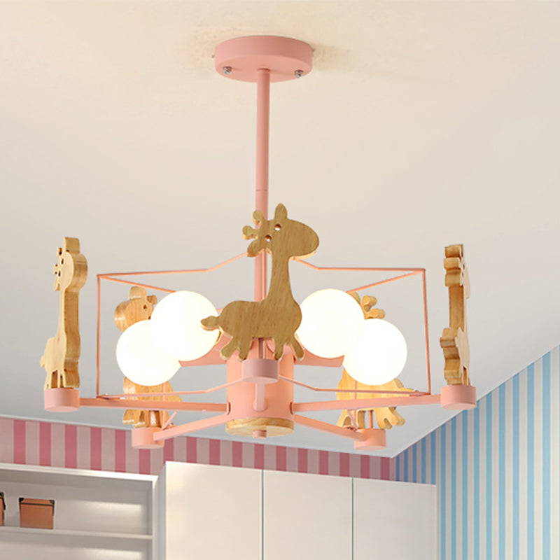 Wooden Giraffe Ceiling Fixture Kids 5 Lights Grey/Pink/Green Semi Flush Mount Light with Star Iron Frame Clearhalo 'Ceiling Lights' 'Close To Ceiling Lights' 'Close to ceiling' 'Semi-flushmount' Lighting' 1473496