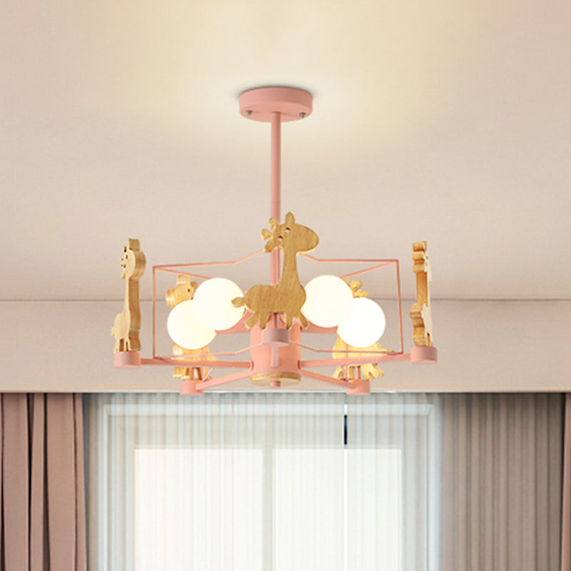 Wooden Giraffe Ceiling Fixture Kids 5 Lights Grey/Pink/Green Semi Flush Mount Light with Star Iron Frame Clearhalo 'Ceiling Lights' 'Close To Ceiling Lights' 'Close to ceiling' 'Semi-flushmount' Lighting' 1473497