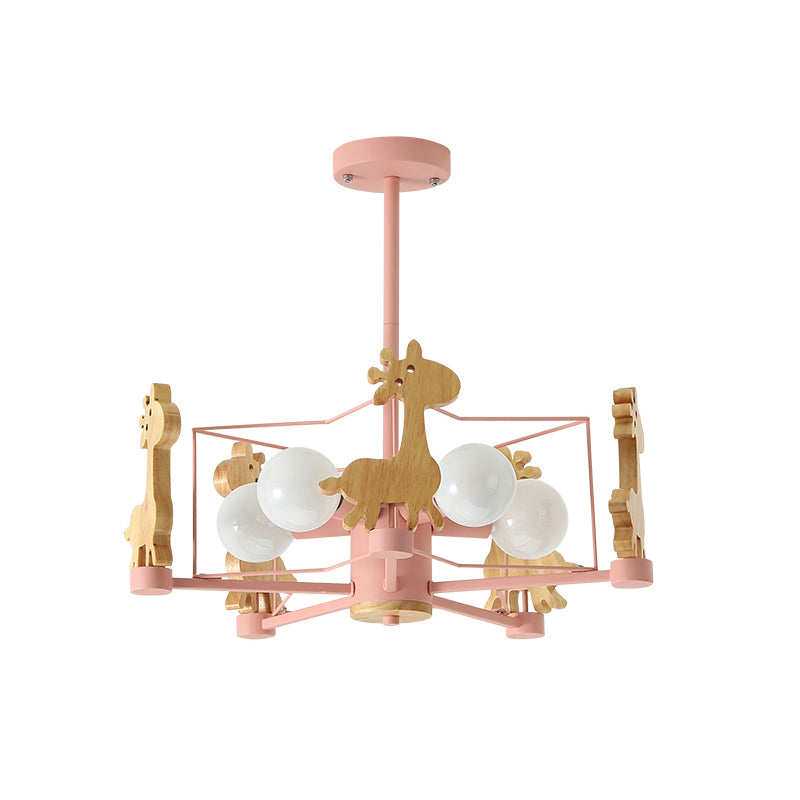 Wooden Giraffe Ceiling Fixture Kids 5 Lights Grey/Pink/Green Semi Flush Mount Light with Star Iron Frame Clearhalo 'Ceiling Lights' 'Close To Ceiling Lights' 'Close to ceiling' 'Semi-flushmount' Lighting' 1473499