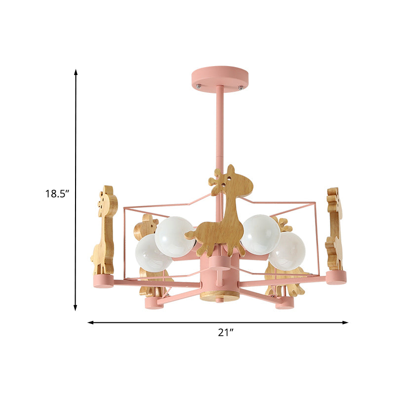 Wooden Giraffe Ceiling Fixture Kids 5 Lights Grey/Pink/Green Semi Flush Mount Light with Star Iron Frame Clearhalo 'Ceiling Lights' 'Close To Ceiling Lights' 'Close to ceiling' 'Semi-flushmount' Lighting' 1473500