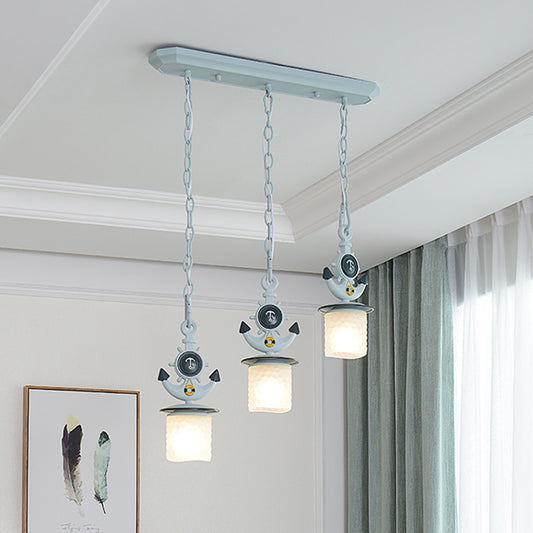 Kids Cylindrical Cluster Pendant Light Opal Glass 3 Bulbs Bedroom Down Lighting in Blue with Round/Linear Canopy Blue Linear Clearhalo 'Ceiling Lights' 'Glass shade' 'Glass' 'Pendant Lights' 'Pendants' Lighting' 1473513
