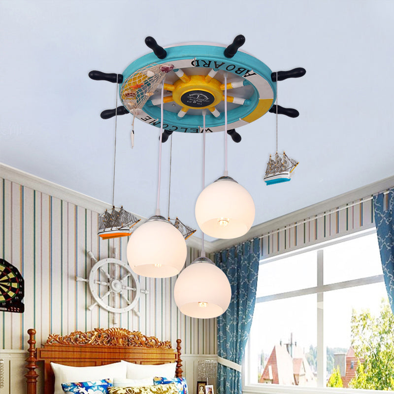 Cream Glass Rudder Cluster Pendant Kids 3-Bulb Light/Dark Blue Hanging Ceiling Light for Living Room Clearhalo 'Ceiling Lights' 'Glass shade' 'Glass' 'Pendant Lights' 'Pendants' Lighting' 1473522