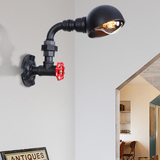 Black Water Pipe Wall Lighting with Dome Shade and Red Valve Vintage Iron 1 Bulb Stairway Wall Fixture Light Black B Clearhalo 'Art deco wall lights' 'Cast Iron' 'Glass' 'Industrial wall lights' 'Industrial' 'Middle century wall lights' 'Modern' 'Rustic wall lights' 'Tiffany' 'Traditional wall lights' 'Wall Lamps & Sconces' 'Wall Lights' Lighting' 147359
