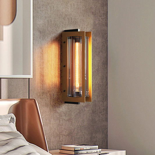 Column Bedroom Wall Light Sconce Colonialist Clear Glass 1-Head Gold Wall Lamp Fixture with Rectangular Frame Clearhalo 'Wall Lamps & Sconces' 'Wall Lights' Lighting' 1473616