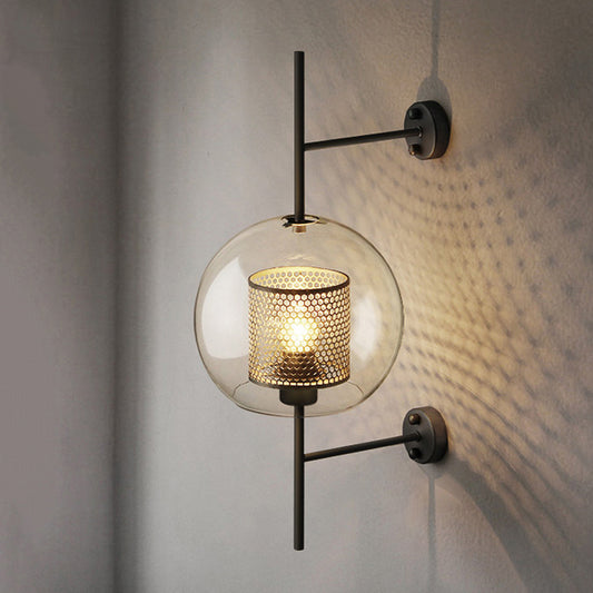 Colonial Sphere Wall Sconce 1 Head Smoke Gray Glass Wall Lighting in Black with Cylinder Wire Mesh Inside, 8"/10" Wide Clearhalo 'Wall Lamps & Sconces' 'Wall Lights' Lighting' 1473629