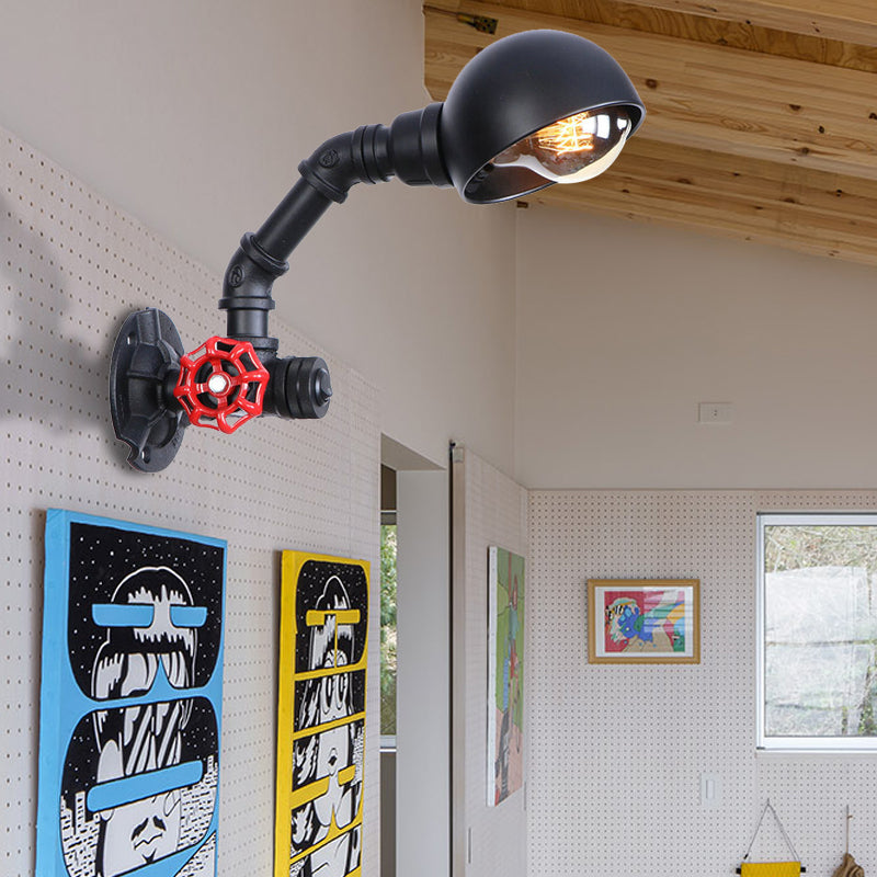 Black Water Pipe Wall Lighting with Dome Shade and Red Valve Vintage Iron 1 Bulb Stairway Wall Fixture Light Clearhalo 'Art deco wall lights' 'Cast Iron' 'Glass' 'Industrial wall lights' 'Industrial' 'Middle century wall lights' 'Modern' 'Rustic wall lights' 'Tiffany' 'Traditional wall lights' 'Wall Lamps & Sconces' 'Wall Lights' Lighting' 147363