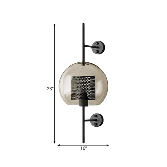 Colonial Sphere Wall Sconce 1 Head Smoke Gray Glass Wall Lighting in Black with Cylinder Wire Mesh Inside, 8"/10" Wide Clearhalo 'Wall Lamps & Sconces' 'Wall Lights' Lighting' 1473633
