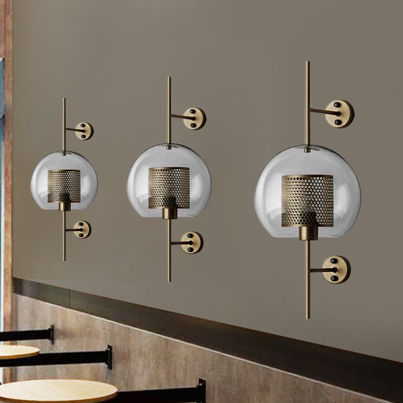 8"/9.5" W Global Bedroom Sconce Light Colonial Clear Glass 1 Light Bronze/Silver Gray Wall Lamp with Inner Cylinder Wire Mesh Clearhalo 'Wall Lamps & Sconces' 'Wall Lights' Lighting' 1473645