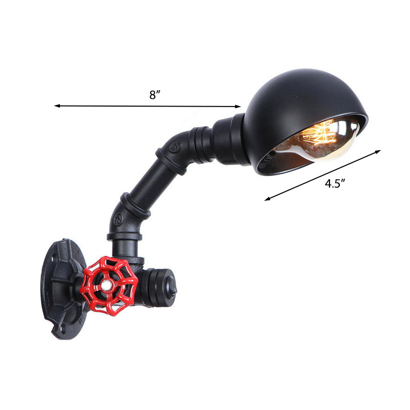 Black Water Pipe Wall Lighting with Dome Shade and Red Valve Vintage Iron 1 Bulb Stairway Wall Fixture Light Clearhalo 'Art deco wall lights' 'Cast Iron' 'Glass' 'Industrial wall lights' 'Industrial' 'Middle century wall lights' 'Modern' 'Rustic wall lights' 'Tiffany' 'Traditional wall lights' 'Wall Lamps & Sconces' 'Wall Lights' Lighting' 147365