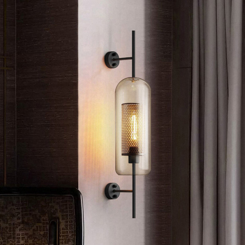 Cognac Glass Black Wall Lamp Oblong 1 Bulb Colonial Wall Mounted Light with Inner Column Mesh Screen, 5"/6" W Black Clearhalo 'Wall Lamps & Sconces' 'Wall Lights' Lighting' 1473653