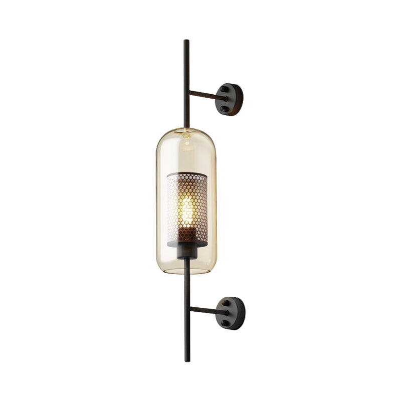 Cognac Glass Black Wall Lamp Oblong 1 Bulb Colonial Wall Mounted Light with Inner Column Mesh Screen, 5"/6" W Clearhalo 'Wall Lamps & Sconces' 'Wall Lights' Lighting' 1473655