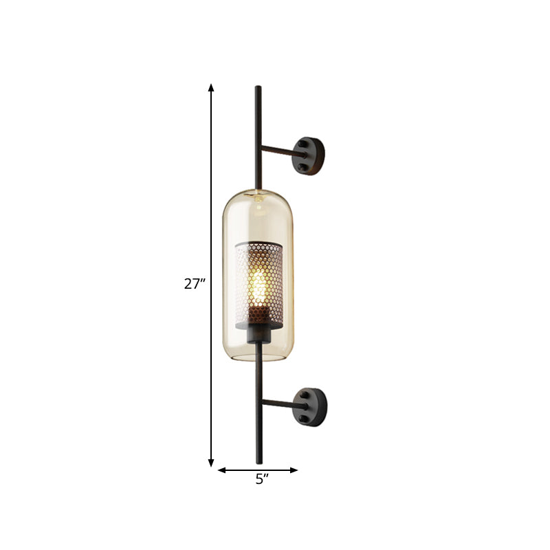 Cognac Glass Black Wall Lamp Oblong 1 Bulb Colonial Wall Mounted Light with Inner Column Mesh Screen, 5"/6" W Clearhalo 'Wall Lamps & Sconces' 'Wall Lights' Lighting' 1473656